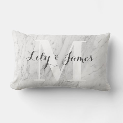 Monogram Name White Gray Marble Wedding Keepsake Lumbar Pillow