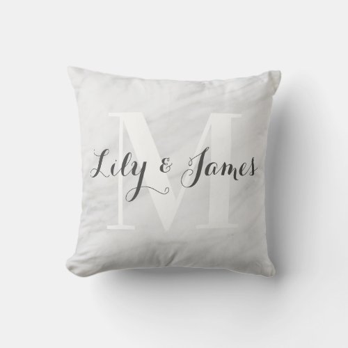 Monogram Name White Gray Marble Wedding Keepsake Throw Pillow