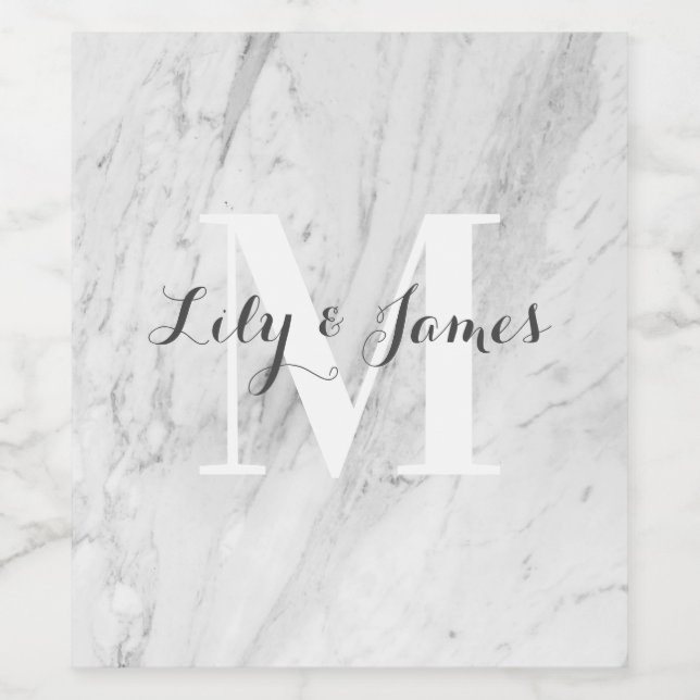 Monogram Name White Gray Marble Wedding Keepsake Wine Label (Single Label)