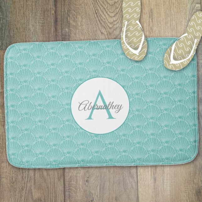 Monogram Name White Sea Shell Pattern Beach House Bath Mat (Creator Uploaded)