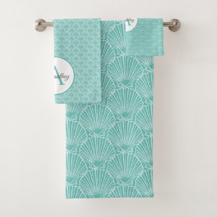Monogram Name White Sea Shell Pattern Beach House