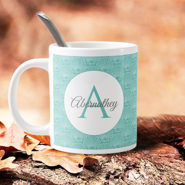 Monogram Name White Sea Shell Pattern Beach House Coffee Mug (A set of 2 or more of these personalized mugs can make a sweet housewarming or wedding gift idea. )