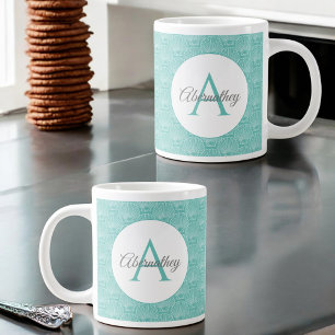 Monogram Name White Sea Shell Pattern Beach House Giant Coffee Mug