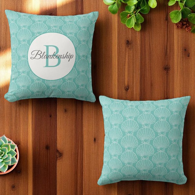 Monogram Name White Sea Shell Pattern Beach House Throw Pillow (template designed throw pillow front and back)