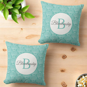 Monogram Name White Sea Shell Pattern Beach House Throw Pillow