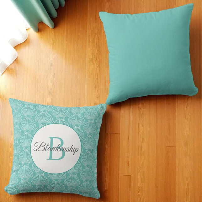 Monogram Name White Sea Shell Pattern Beach House Throw Pillow (front template and back solid color throw pillow)