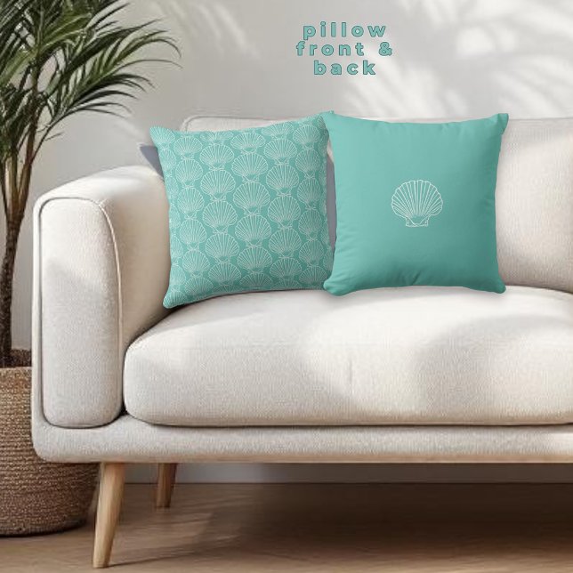 Monogram Name White Sea Shell Pattern Beach House Throw Pillow (pattern one side and single shell opposite side throw pillow)