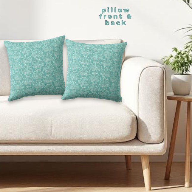 Monogram Name White Sea Shell Pattern Beach House Throw Pillow (front and back shell pattern beach inspired throw pillow)