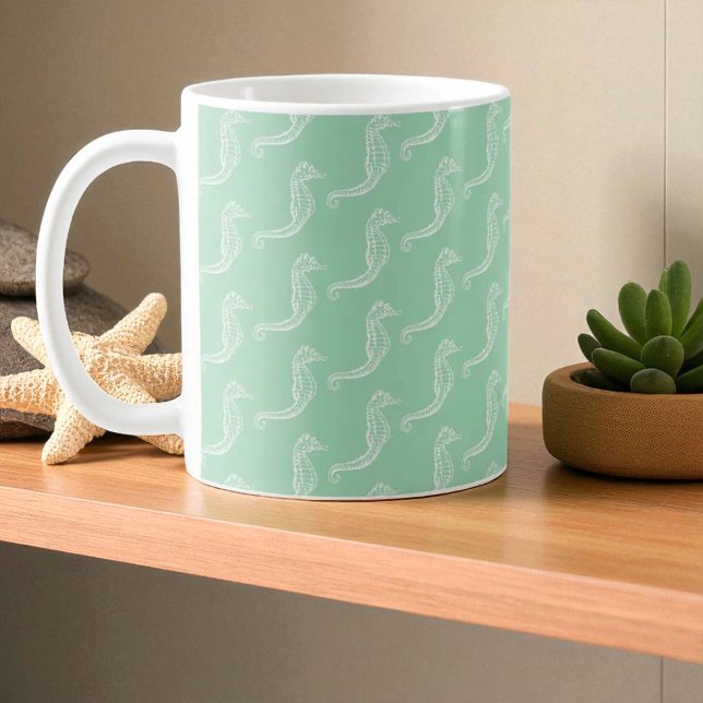 Monogram Name White Seahorse Skeleton Pattern Coffee Mug (beach house style mug on a shelf)