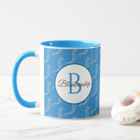 Monogram Name White Seahorse Skeleton Pattern