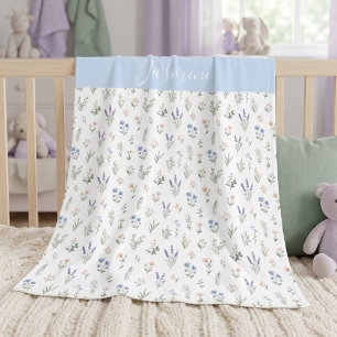 Monogram Name Wildflower Blue Lavender Boho Baby Blanket