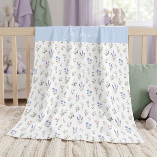 Monogram Name Wildflower Blue Lavender Boho Baby Blanket
