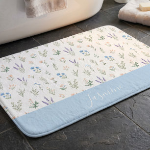 Monogram Name Wildflower Blue Lavender Boho Bath Mat