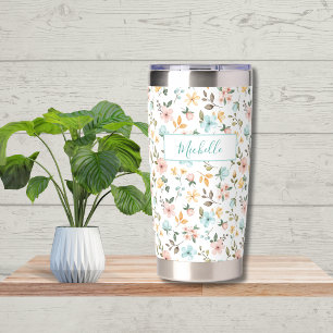 Monogram Name Wildflower Blue Pink Yellow Floral Insulated Tumbler