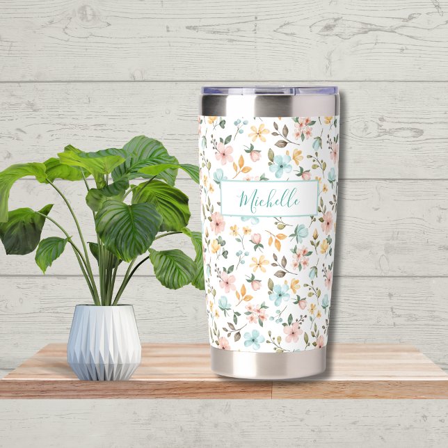 Monogram Name Wildflower Blue Pink Yellow Floral Insulated Tumbler (Pink Yellow Blue White Wildflower Tumbler. Monogram it with your name)