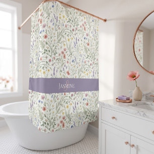 Monogram Name Wildflower Boho Lavender Poppies Shower Curtain