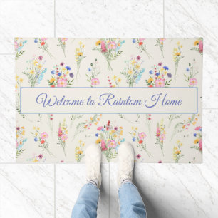 Monogram Name Wildflower Watercolor Floral Pattern Doormat