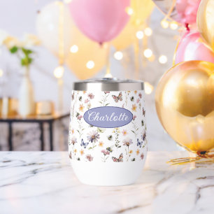 Monogram Name Wildflowers Purple Watercolor Thermal Wine Tumbler