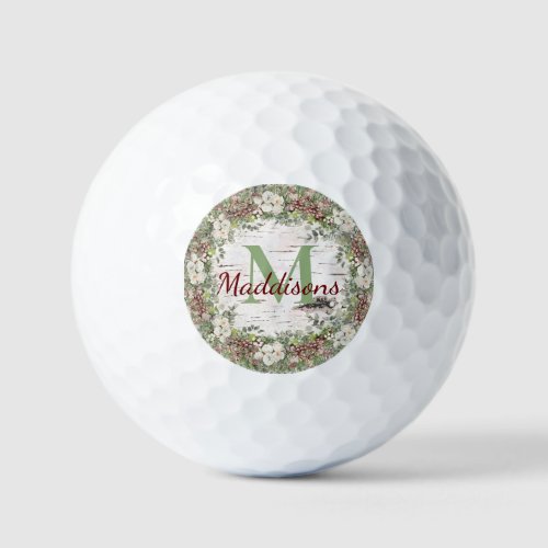 Monogram Name Winter Woodland White Rose Pine Cone Golf Balls
