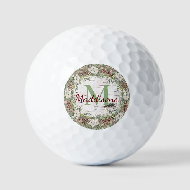 Monogram Name Winter Woodland White Rose Pine Cone Golf Balls (Front)