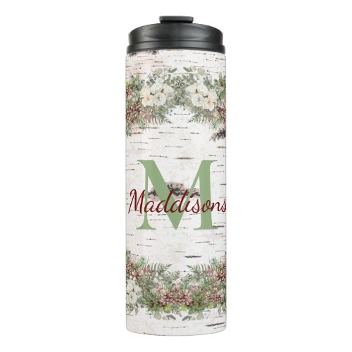 Monogram Name Winter Woodland White Rose Pine Cone Thermal Tumbler