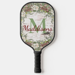 Monogram Name Winter Woodland White Rose Pinecone Pickleball Paddle