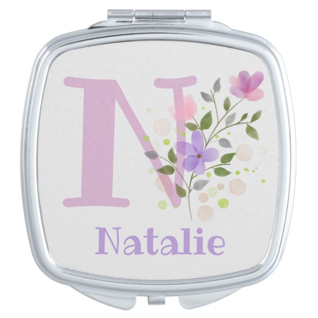 Monogram & Name with Flowers Compact Mirror (Front)