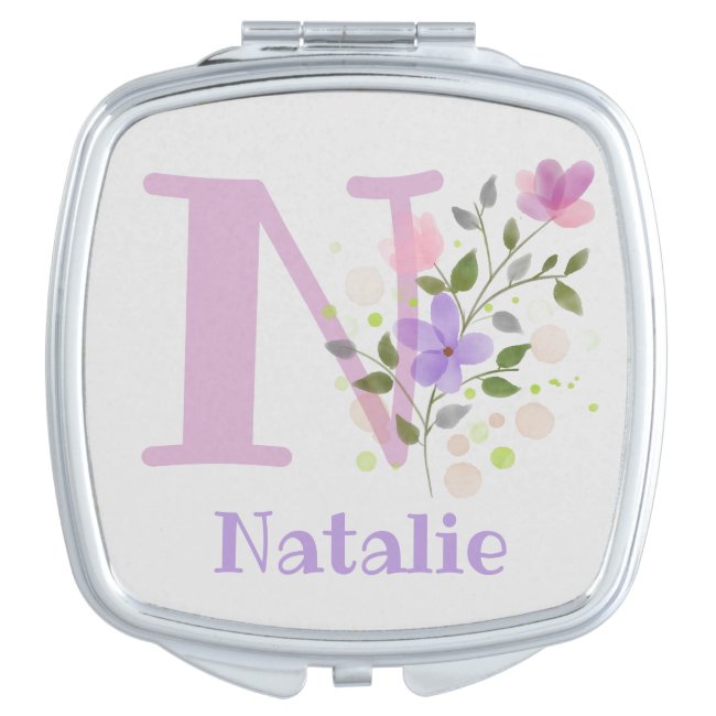 Monogram & Name with Flowers Compact Mirror