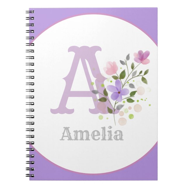 Monogram & Name with Flowers Notebook (Front)