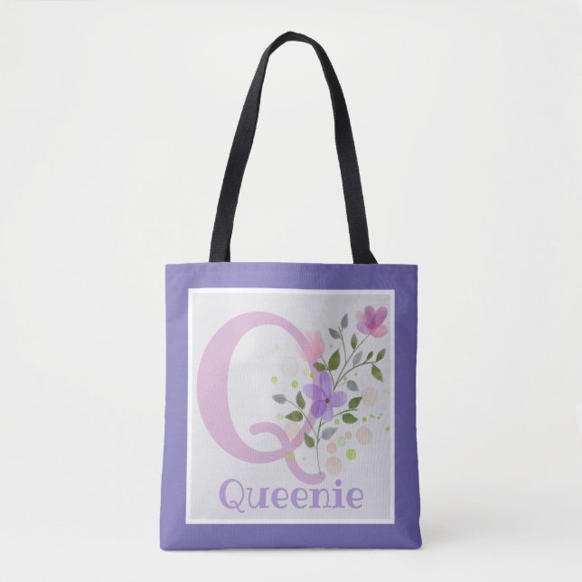 Monogram & Name with Flowers Tote Bag (Front)
