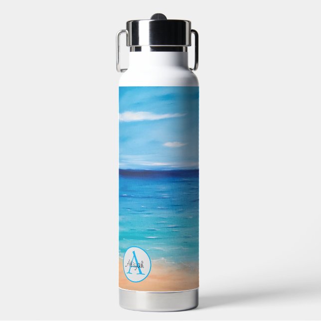 Monogram Name Woman Beach ocean Art Landscape  Water Bottle (Front)