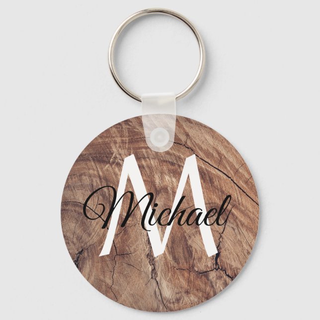 Monogram name, wood, black and white text keychain (Front)