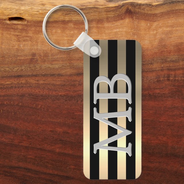 Monogram & Name, Yel Gold Brushed Steel Black Keyc Keychain (Front)