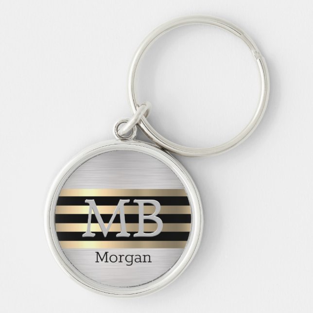 Monogram & Name, Yel Gold Brushed Steel Black Keychain (Front)