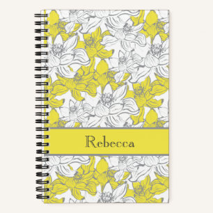 Monogram Name Yellow Gray White Floral Flowers Notebook