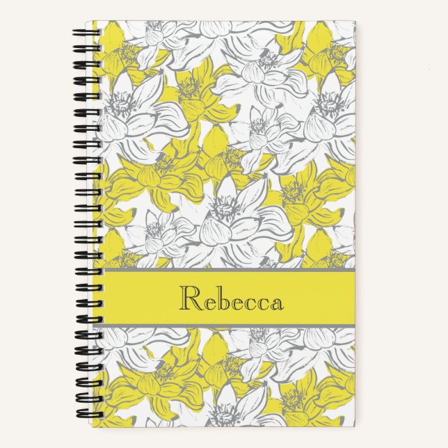 Monogram Name Yellow Gray White Floral Flowers  Notebook (Front)