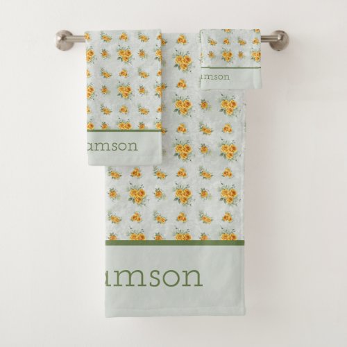 Monogram Name Yellow Green Floral Cottage core Bath Towel Set