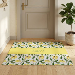 Monogram Name Yellow Green Watercolor Wildflower Doormat