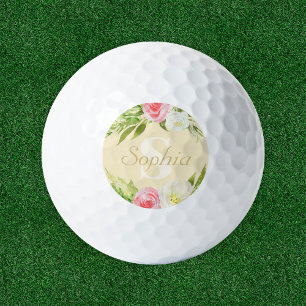 Monogram Name Yellow Pink Watercolor Floral Golf Balls