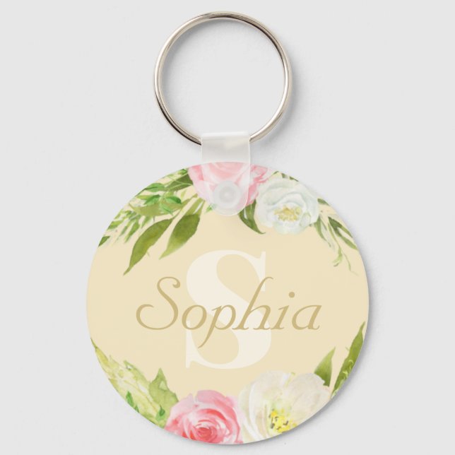 Monogram Name Yellow Pink Watercolor Floral Keychain (Front)