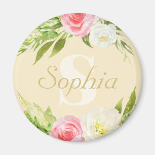 Monogram Name Yellow Pink Watercolor Floral Magnet