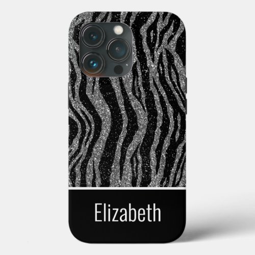 Monogram name  Zebra Print Black Silver Gray iPhone 13 Pro Case
