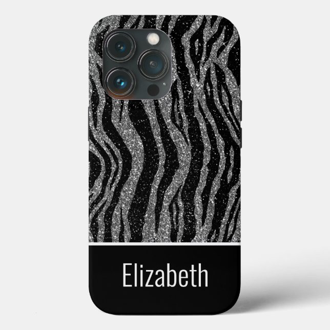 Monogram name  Zebra Print Black Silver Gray Case-Mate iPhone Case (Back)