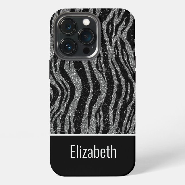 Monogram name  Zebra Print Black Silver Gray Iphone Case (Back)