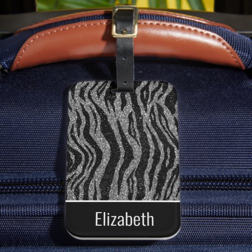 Monogram name Zebra Print Black Silver Gray White Luggage Tag