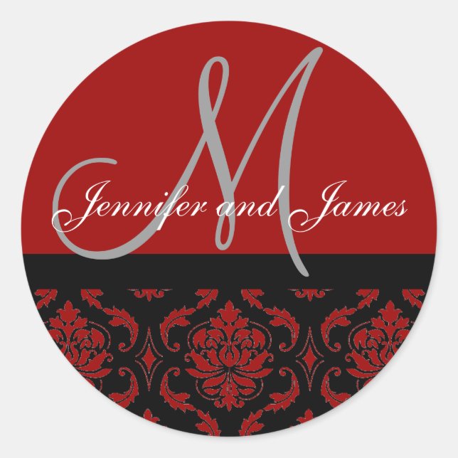 Monogram & Names Damask Burgundy Red Wedding Seal (Front)