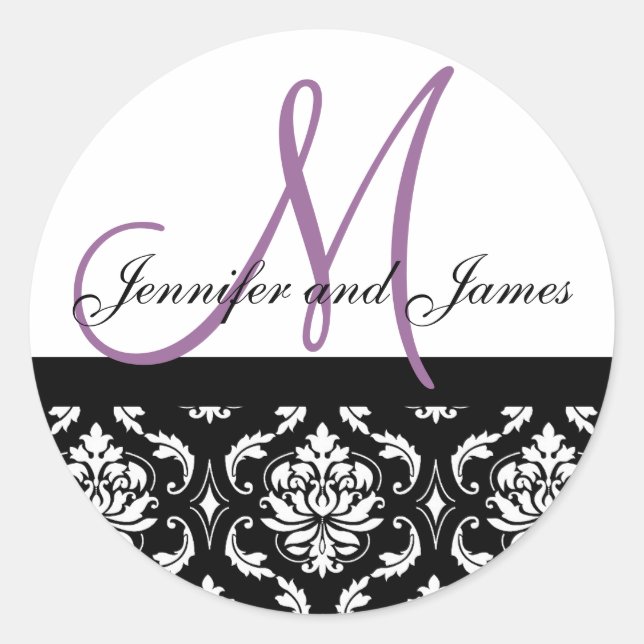 Monogram & Names Damask Plum Wedding Sticker (Front)