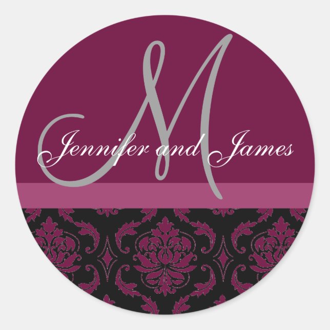 Monogram & Names Damask Wine Grey Wedding Sticker (Front)