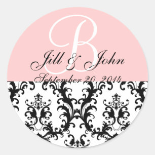Monogram Names Date Damask Pink Wedding Sticker