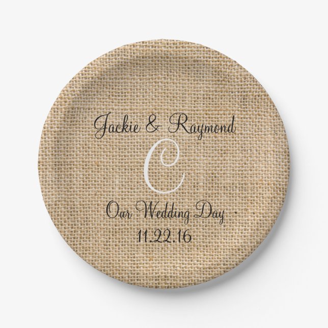 Monogram Names Date Rustic Burlap Monogram Paper Plates (Front)